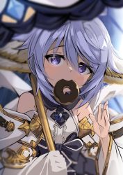 Rule 34 | 1girl, absurdres, animal ears, armpit crease, detached sleeves, doughnut, dress, food, granblue fantasy, highres, holding, holding umbrella, long hair, looking at viewer, melerdon, mouth hold, parasol, purple eyes, purple hair, sleeveless, sleeveless dress, solo, symbol-shaped pupils, umbrella, upper body, wamdus (granblue fantasy), waving, white dress