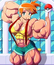 Rule 34 | 1girl, :o, abs, biceps, blue eyes, creatures (company), devmgf, extreme muscles, female focus, game freak, midriff, misty (pokemon), muscular, navel, nintendo, orange hair, poke ball, pokemon, short shorts, shorts, suspenders, thick thighs, thighs