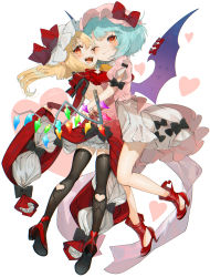 Rule 34 | 2girls, ;), ;d, backless outfit, bat wings, black bow, black legwear, blonde hair, bloomers, blue hair, bow, clothing cutout, dress, fang, flandre scarlet, floral print, full body, gotou (nekocat), hat, hat bow, heart, heart cutout, high heels, highres, hug, long hair, looking at viewer, mob cap, multiple girls, one eye closed, open mouth, pink dress, pink headwear, puffy short sleeves, puffy sleeves, red bow, red dress, red eyes, red footwear, remilia scarlet, shoes, short hair, short sleeves, siblings, signature, simple background, sisters, smile, thighhighs, touhou, underwear, white background, white headwear, wings
