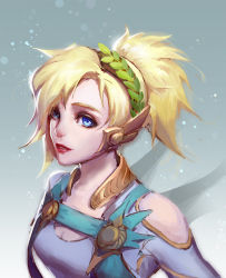 Rule 34 | 1girl, blonde hair, blue eyes, breasts, choker, cleavage, clothing cutout, collarbone, eyelashes, hair over one eye, head tilt, head wreath, headpiece, high ponytail, highres, jewelry, laurel crown, lipstick, long sleeves, looking at viewer, makeup, mascara, mechanical wings, medium breasts, medium hair, mercy (overwatch), nose, official alternate costume, overwatch, overwatch 1, parted lips, ponytail, red lips, shirt, short hair, short sleeves, shoulder cutout, smile, solo, teeth, upper body, winged victory mercy, wings, xing chen