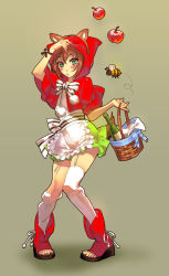 Rule 34 | 1boy, alcohol, animal ears, apple, apron, bad id, bad pixiv id, baka to test to shoukanjuu, basket, bee, blush, boots, bow, brown hair, bug, crossdressing, ein lee, feet, food, fruit, garter straps, green eyes, grimm&#039;s fairy tales, hood, insect, kinoshita hideyoshi, little red riding hood, little red riding hood (grimm), male focus, short hair, skirt, solo, tail, thighhighs, trap, wine