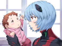 Rule 34 | 2girls, ayanami rei, baby, black bodysuit, blue hair, bodysuit, brown hair, close-up, evangelion: 3.0+1.0 thrice upon a time, grabbing another&#039;s hair, hairpods, highres, holding baby, hood, hoodie, interface headset, mogudan, multicolored bodysuit, multicolored clothes, multiple girls, neon genesis evangelion, pilot suit, pink hoodie, plugsuit, rebuild of evangelion, red bodysuit, red eyes, short hair, window