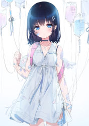 Rule 34 | 1girl, a20 (atsumaru), absurdres, angel wings, backpack, bag, bandage on face, bandaged arm, bandaged hand, bandaged leg, bandaged wings, bandages, black bra, black hair, blue eyes, blush, bra, bra strap, breasts, carrying bag, choker, collarbone, commentary request, cross, cross necklace, dress, expressionless, fake wings, hair ornament, hairclip, highres, intravenous drip, jewelry, looking at viewer, necklace, original, parted lips, pink bag, simple background, sleeveless, sleeveless dress, small breasts, solo, standing, underwear, white background, white dress, wings