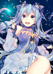 Rule 34 | 1girl, black gloves, blue bow, blue dress, blue eyes, blue hair, blush, bow, dress, earrings, fingerless gloves, frills, gloves, hair between eyes, hair bow, hair ornament, hands up, hatsune miku, holding, jewelry, legs together, long hair, looking at viewer, open mouth, shiomizu (swat), sky, smile, solo, sparkle, star (sky), star (symbol), star earrings, starry sky, treble clef, twintails, vocaloid, wand, yuki miku