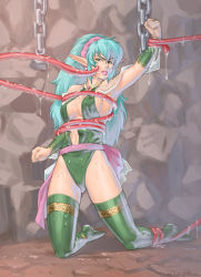 Rule 34 | 1girl, azusa (hws), blue hair, boots, cisty, elf, green eyes, green hair, imminent rape, jewelry, leotard, lightbringer, long hair, lots of jewelry, pointy ears, restrained, sash, taito, tentacles, thigh boots, thighhighs, wet