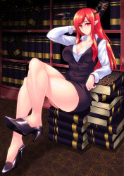 Rule 34 | 1girl, arm up, bare legs, black footwear, black skirt, black vest, black wings, book stack, bookshelf, breasts, collared shirt, commentary request, head wings, high heels, highres, indoors, koakuma, large breasts, long hair, long sleeves, looking at viewer, miniskirt, pointy ears, red eyes, red hair, shirt, shoes, sitting, skirt, skirt set, solo, thighs, touhou, vest, warugaki (sk-ii), white shirt, wing collar, wings
