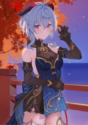 Rule 34 | 1girl, ahoge, autumn leaves, bare shoulders, bell, black dress, black gloves, blue dress, blue hair, blush, breasts, chamaru5963, cleavage, detached sleeves, dress, ganyu (genshin impact), ganyu (twilight blossom) (genshin impact), genshin impact, gloves, gold trim, hair ornament, horns, light smile, long hair, long sleeves, looking at viewer, medium breasts, neck bell, night, official alternate costume, official alternate hairstyle, purple eyes, see-through, see-through cleavage, sidelocks, solo, standing