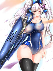 Rule 34 | 1girl, black thighhighs, breasts, bug, butterfly, curvy, female focus, gun, hair ornament, highres, huge breasts, insect, long hair, minamon (vittel221), nipples, one-piece swimsuit, red eyes, see-through, silver hair, solo, standing, swimsuit, thighhighs, walking, weapon, wind