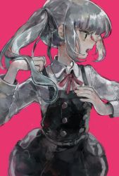 Rule 34 | 10s, 1girl, arm up, belt, black dress, black ribbon, blunt bangs, buttons, collared shirt, contrast, dress, faux traditional media, green eyes, hair ribbon, hand on own chest, kantai collection, kasumi (kancolle), long hair, looking to the side, magenta background, neck ribbon, open mouth, pinafore dress, pink ribbon, ribbon, saba (asoi), shirt, side ponytail, sidelocks, silver hair, simple background, sleeveless, sleeveless dress, solo, teeth, upper body