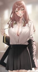 Rule 34 | 1girl, absurdres, black jacket, black skirt, blurry, blurry background, blush, breasts, cleavage, highres, jacket, large breasts, long hair, necktie, off shoulder, open mouth, original, partially unbuttoned, pleated skirt, raitho, school uniform, skirt, standing, yellow eyes, yellow necktie