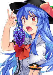 Rule 34 | 1girl, black hat, blouse, blue hair, blush, bow, bowtie, center frills, commentary request, e.o., food, frills, fruit, grapes, hair between eyes, hand up, hat, highres, hinanawi tenshi, holding, holding food, holding fruit, leaf, long hair, looking at viewer, nail polish, open mouth, peach, pink lips, puffy short sleeves, puffy sleeves, red bow, red bowtie, red eyes, shirt, short sleeves, simple background, single sidelock, solo, touhou, upper body, white background, white nails, white shirt, wing collar