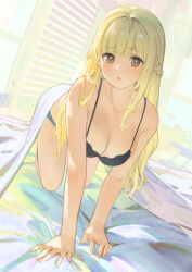 Rule 34 | 1girl, absurdres, all fours, backlighting, bed sheet, black bra, black panties, blonde hair, blunt bangs, blush, bra, braid, breasts, chair, cleavage, collarbone, commentary request, curtains, dappled sunlight, ddal, desk, french braid, full body, hair over shoulder, half updo, hanging breasts, highres, indoors, lace, lace bra, lace panties, large breasts, light particles, long hair, looking at viewer, mole, mole on breast, nervous, on bed, original, panties, parted lips, solo, sunlight, under covers, underwear, wavy hair, window, yellow eyes