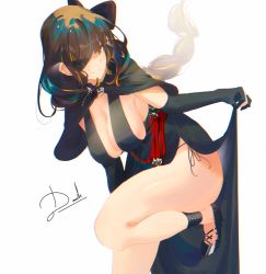 Rule 34 | 1girl, black dress, bow, braid, breasts, brown hair, cape, cleavage, clothes lift, darah, dress, dress lift, elbow gloves, eyepatch, girls&#039; frontline, gloves, hair bow, hanging breasts, high heels, highres, large breasts, leaning forward, leg up, long hair, looking at viewer, m16a1 (girls&#039; frontline), multicolored hair, official alternate costume, panties, scar, scar across eye, scar on face, shoes, side-tie panties, side slit, sideboob, signature, single braid, smile, solo, standing, standing on one leg, streaked hair, thighs, underwear, white background