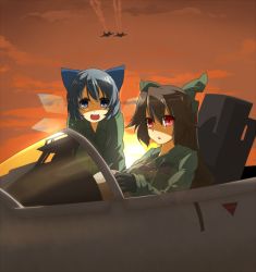 2girls aircraft airplane alternate_costume black_hair blue_eyes blue_hair cirno eiri_(eirri) fighter_jet gloves hair_ribbon jet military military_uniform military_vehicle multiple_girls red_eyes reiuji_utsuho ribbon sunset touhou wings