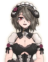 Rule 34 | 1girl, blush, breasts, brown hair, cleavage, dress, flower, formicid, gloves, grey hair, hair ornament, hair over one eye, highres, honkai (series), honkai impact 3rd, horns, jaggy lines, jewelry, large breasts, looking at viewer, maid, maid headdress, mole, mole under eye, oekaki, open mouth, red eyes, rita rossweisse, rita rossweisse (umbral rose), rose, short hair, smile, solo, thighhighs, white background