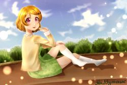 Rule 34 | 1girl, absurdres, artist name, artist request, bare legs, blue sky, blush, bow, breasts, brown hair, cloud, crossed legs, day, dress, female focus, flower print, fluffy mouse, full body, green dress, green skirt, hair between eyes, hair bow, highres, koizumi hanayo, long sleeves, looking at viewer, looking back, love live!, love live! school idol festival, love live! school idol project, outdoors, parted lips, purple eyes, short hair, sideboob, sitting, skirt, sky, small breasts, smile, socks, solo, sweater, white footwear, yellow sweater