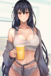 Rule 34 | 1girl, black hair, breasts, closed mouth, collarbone, cowboy shot, cup, grey panties, grey sports bra, hair between eyes, highres, holding, holding cup, kantai collection, kasumi (skchkko), large breasts, long hair, looking at viewer, nagato (kancolle), panties, red eyes, solo, sports bra, underwear