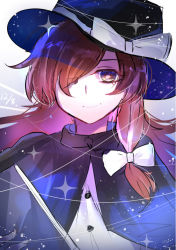 Rule 34 | 1girl, ;), black capelet, black hat, book, bow, brown hair, capelet, closed mouth, commentary request, hair bow, hair over one eye, hat, hat bow, holding, holding book, long hair, looking at viewer, moyashi (oekaki touhou), multicolored eyes, one eye closed, one eye covered, shirt, sky, smile, solo, star (sky), star (symbol), starry sky, starry sky print, touhou, upper body, usami renko, white bow, white shirt