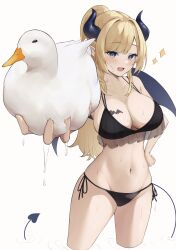 Rule 34 | 1girl, :d, absurdres, animal, bikini, bird, black bikini, blonde hair, blue eyes, breast tattoo, breasts, cleavage, collarbone, commentary request, demon girl, demon horns, demon tail, demon wings, duck, fang, frilled bikini top, halterneck, hand on own hip, highres, holding, holding animal, hololive, horns, knees out of frame, large breasts, long hair, looking at viewer, multi-strapped bikini top, navel, nekorone0222, official alternate costume, open mouth, pointy ears, ponytail, side-tie bikini bottom, simple background, skin fang, smile, solo, standing, swept bangs, swimsuit, tail, tattoo, virtual youtuber, wading, white background, winged heart tattoo, wings, yuzuki choco, yuzuki choco (hololive summer 2019)