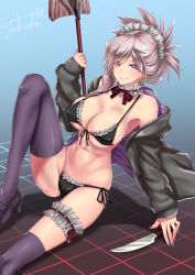 Rule 34 | 1girl, apron, artoria pendragon (alter swimsuit rider) (fate), artoria pendragon (alter swimsuit rider) (fate) (cosplay), artoria pendragon (fate), bikini, black bikini, black jacket, black ribbon, black skirt, black thighhighs, blue eyes, blush, breasts, bridal garter, choker, cleavage, cosplay, fate/grand order, fate (series), frilled choker, frills, hair ribbon, highres, hood, hooded jacket, jacket, knee up, large breasts, long hair, long sleeves, looking at viewer, maid, maid bikini, maid headdress, miyamoto musashi (fate), mop, navel, open clothes, open jacket, pink hair, ponytail, ribbon, sitting, skirt, smile, swept bangs, swimsuit, takecha, thighhighs, thighs, unconventional maid, waist apron, white apron