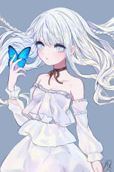 Rule 34 | 1girl, animal, bare shoulders, blue background, blue butterfly, blue eyes, blush, braid, breasts, brown choker, bug, butterfly, choker, cleavage, closed mouth, collarbone, dress, fingernails, frilled dress, frills, glowing, insect, long hair, original, signature, simple background, small breasts, solo, tokiwata soul, white hair