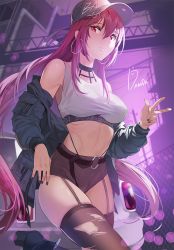 Rule 34 | 1girl, alternate costume, belt, belt buckle, breasts, buckle, cityscape, coat, commentary request, cowboy shot, damda, fate/grand order, fate (series), garter straps, hair between eyes, hair intakes, halterneck, high-waist shorts, highleg, highleg panties, jacket, jacket on shoulders, large breasts, long hair, looking at viewer, motor vehicle, nail polish, panties, purple background, purple hair, purple nails, red eyes, scathach (fate), shorts, thighhighs, torn clothes, torn legwear, underwear, urban