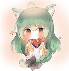 Rule 34 | 1girl, :&lt;, ahoge, akashi (azur lane), animal ears, azur lane, bad id, bad pixiv id, bell, black bow, blush, bow, braid, brown eyes, cat ears, closed mouth, cottontailtokki, dress, green hair, hair between eyes, hair bow, jingle bell, long hair, long sleeves, looking at viewer, red bow, sailor dress, signature, solo, sparkle, v-shaped eyebrows, very long hair, white dress, wide sleeves