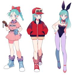 Rule 34 | 1girl, animal ears, aqua hair, bare shoulders, belt, blue eyes, bow, bowtie, braid, braided ponytail, breasts, bulma, character name, cleavage, costume chart, cross-laced footwear, detached collar, dragon ball, dragon ball (classic), dragon radar, fake animal ears, full body, gum (gmng), hand on own hip, hands in pockets, hat, leotard, long hair, looking at viewer, multiple views, name tag, pantyhose, playboy bunny, ponytail, rabbit ears, shoes, short hair, simple background, single braid, skirt, smile, sneakers, white background, wrist cuffs