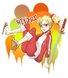 Rule 34 | 1girl, bleach, blonde hair, character name, fang, flat chest, freckles, hair ornament, hairclip, kamakachow, katana, okamaka, orange eyes, pants, pants rolled up, sandals, sarugaki hiyori, short twintails, solo, sword, toes, track suit, transparent background, twintails, weapon