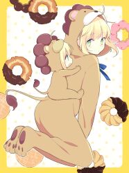 Rule 34 | 2girls, 87banana, ahoge, animal ears, artoria pendragon (all), artoria pendragon (fate), blonde hair, blue bow, bow, carrying, cosplay, doughnut, fate/stay night, fate (series), food, green eyes, lion ears, lion tail, looking back, mister donut, mother and child, multiple girls, piggyback, pon de lion, pon de lion (cosplay), pon de ring, saber (fate), tail