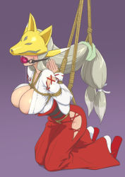 Rule 34 | 1girl, alternate costume, arms behind back, ball gag, bdsm, belt, blush, bondage, bound, bow, breast bondage, breasts, cleavage, covered eyes, crotch rope, digimon, digimon (creature), drooling, facial mark, fox mask, gag, gagged, grey hair, hakama, hakama skirt, hip vent, huge breasts, japanese clothes, kneeling, long hair, low-tied long hair, low twintails, mask, miko, multicolored hair, no panties, purple background, red hakama, reverse prayer, rope, sakuyamon, sandals, shibari, sidelocks, skirt, solo, twintails, two-tone hair, very long hair, white bow, white legwear, wiffle gag