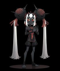 Rule 34 | &gt;:(, 1girl, absurdres, black background, black nails, black skin, colored sclera, colored skin, deadslug, eye print, flat chest, full body, highres, horns, long fingers, long hair, looking at viewer, nail polish, original, own hands together, pointy ears, red eyes, slit pupils, solo, toeless legwear, twintails, very long hair, white hair, yellow sclera