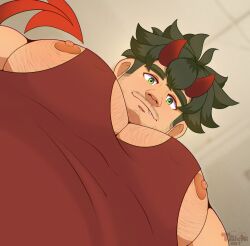 Rule 34 | 1boy, bara, beard stubble, demon boy, demon horns, demon tail, facial hair, fang, fang out, foreshortening, from below, green eyes, green hair, highres, horns, large pectorals, looking at viewer, looking down, male focus, meme, muscular, muscular male, mustache stubble, nipple slip, nipples, original, pectoral cleavage, pectoral focus, pectorals, photo-referenced, red tank top, short hair, sideburns stubble, sidepec, solo, stubble, taichi (sjb 04art), tail, tank top, thick chest hair, thick eyebrows, upper body, yur oc like this (meme)