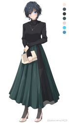 Rule 34 | 1girl, black hair, black shirt, blue eyes, blush, breasts, closed mouth, color guide, commentary, dated commentary, dot nose, earrings, full body, green skirt, grey pantyhose, head tilt, high-waist skirt, high heels, highres, holding, holding own arm, holding wallet, jewelry, kakuremino7928, layered skirt, light frown, long eyelashes, long skirt, long sleeves, looking at viewer, necklace, original, pantyhose, pendant, pleated skirt, see-through, see-through skirt, shirt, short hair, simple background, skirt, sleeves past wrists, slit pupils, small breasts, solo, standing, swept bangs, tassel, tassel earrings, turtleneck, turtleneck shirt, wallet, white background, white footwear, women&#039;s wallet