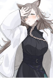 Rule 34 | 1girl, absurdres, adesu (gekkahyouzin), animal ears, arknights, black skirt, black sweater, braid, breasts, brown hair, earrings, hand up, highres, jacket, jewelry, large breasts, long hair, long sleeves, mole, mole above mouth, official alternate costume, open clothes, open jacket, penance (arknights), penance (occasionally flushed) (arknights), simple background, skirt, solo, sweater, upper body, very long hair, white background, white jacket, wolf ears, wolf girl, yellow eyes