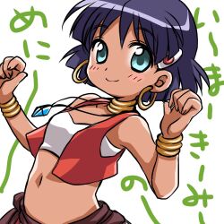 Rule 34 | 1girl, bandeau, bare shoulders, blue eyes, blunt ends, blush, blush stickers, bob cut, breasts, brown sash, chibi, closed mouth, cropped vest, curled fingers, dark-skinned female, dark skin, earrings, floating neckwear, fushigi no umi no nadia, gold bracelet, hair between eyes, hair ornament, hairclip, hands up, hoop earrings, jewelry, looking at viewer, midriff, nadia la arwall, navel, neck ring, necklace, open clothes, open vest, pendant, purple hair, red vest, short hair, small breasts, smile, solo, strapless, translated, tube top, upper body, vest, w arms, white background, white bandeau, yukiyo kato