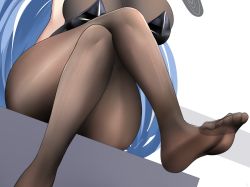 Rule 34 | 1girl, animal ears, azur lane, black leotard, blue hair, bodystocking, breasts, cleavage, crossed legs, fake animal ears, foot focus, head out of frame, highres, large breasts, leotard, long hair, new jersey (azur lane), new jersey (exhilarating steps!) (azur lane), no shoes, official alternate costume, pantyhose, playboy bunny, sana!rpg, see-through, see-through cleavage, simple background, sitting, soles, solo, strapless, strapless leotard, very long hair, white background