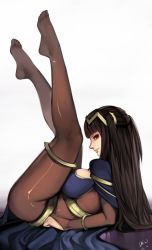 Rule 34 | 1girl, black hair, bodysuit, breasts, bridal gauntlets, dr.wolf, feet, fire emblem, fire emblem awakening, jewelry, large breasts, legs, legs together, legs up, long hair, long legs, looking at viewer, lots of jewelry, nintendo, no shoes, solo, tharja (fire emblem), thighs, toes