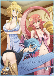 Rule 34 | 10s, 3girls, :d, ahoge, animal ears, ass, babydoll, back, bare shoulders, blonde hair, blue border, blue eyes, blue hair, blue wings, blush, border, bottomless, breast hold, breasts, centaur, centorea shianus, cleavage, convenient censoring, convenient leg, facial mark, fang, feathered wings, frills, hair between eyes, hair ornament, hairclip, hand on own chest, harpy, high ponytail, horse ears, horse tail, huge breasts, indoors, lamia, large breasts, light smile, lingerie, long hair, long pointy ears, looking at viewer, looking back, miia (monster musume), monster girl, monster musume no iru nichijou, multiple girls, navel, nightgown, official art, open mouth, papi (monster musume), pointy ears, ponytail, red hair, ribbon, scales, see-through, short hair, sideboob, sidelocks, slit pupils, small breasts, smile, snake tail, strap slip, tail, talons, taur, underwear, underwear only, very long hair, winged arms, wings, yellow eyes