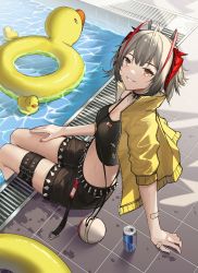 Rule 34 | 1girl, absurdres, alternate costume, arknights, arusu mie mie zi, bandaid, bandaid on arm, black choker, black shirt, black shorts, breasts, brown eyes, can, choker, cleavage, crop top, drink can, grey hair, grin, highres, horns, innertube, jacket, looking at viewer, medium breasts, midriff, nail polish, navel, open clothes, open jacket, pool, red nails, rubber duck, shirt, short hair, short shorts, short sleeves, shorts, smile, soda can, solo, spiked choker, spikes, stomach, swim ring, thigh strap, thighs, w (arknights), w (cannot wait for) (arknights), yellow jacket
