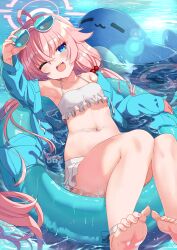 Rule 34 | 1girl, ahoge, bare arms, bare legs, bare shoulders, barefoot, bikini, blue archive, blue eyes, blue jacket, blush, breasts, eyewear on head, fingernails, frilled bikini, frills, hair bobbles, hair ornament, halo, highres, hoshino (blue archive), hoshino (swimsuit) (blue archive), inflatable toy, inflatable whale, innertube, jacket, long hair, low twintails, navel, official alternate costume, official alternate hairstyle, one eye closed, open clothes, open jacket, open mouth, pink hair, pink halo, small breasts, smile, soles, solo, sunglasses, swim ring, swimsuit, toenails, toes, twintails, water, white bikini, xephonia