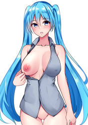 Rule 34 | 1girl, baretto (karasi07), blue eyes, blue hair, blurry, blush, bottomless, breasts, censored, clothes pull, collarbone, covered erect nipples, depth of field, hair ornament, hatsune miku, highres, large breasts, long hair, looking at viewer, mosaic censoring, nipples, open clothes, open mouth, open shirt, pussy, shirt pull, simple background, solo, thighs, vocaloid, white background