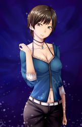 Rule 34 | 1girl, arios (orochi yuta), breasts, brown eyes, brown hair, cleavage, cowboy shot, fatal frame, fatal frame 3, highres, jewelry, kurosawa rei, large breasts, mole, mole under eye, navel, necklace, pants, short hair, solo, tecmo, tight clothes, tight pants
