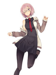 Rule 34 | 1girl, :o, absurdres, ankle boots, bare shoulders, black-framed eyewear, black pantyhose, blush, boots, breasts, brown footwear, brown jacket, collared dress, dress, fate/grand order, fate (series), glasses, head tilt, highres, jacket, leg up, long sleeves, looking at viewer, mash kyrielight, medium breasts, necktie, off shoulder, open clothes, open jacket, pantyhose, parted lips, pink eyes, pink hair, print necktie, red necktie, running, semi-rimless eyewear, shirt, short hair, simple background, sleeveless, sleeveless dress, sleeveless shirt, solo, tsukamoto minori, under-rim eyewear, white background