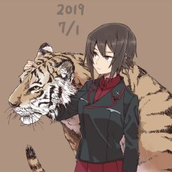 Rule 34 | 1girl, animal, bright pupils, brown background, brown eyes, brown hair, dated, girls und panzer, hand on another&#039;s head, jacket, kuromorimine military uniform, long sleeves, looking to the side, nishizumi maho, pleated skirt, red skirt, ree (re-19), shirt, short hair, simple background, skirt, solo, standing, tiger, white pupils