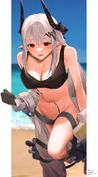 Rule 34 | 1girl, absurdres, arknights, beach, black gloves, black sports bra, breasts, commentary, demon horns, ear piercing, gloves, hair ornament, highres, horns, jumpsuit, large breasts, long hair, looking at viewer, material growth, mudrock (arknights), mudrock (elite ii) (arknights), navel, no panties, open mouth, oripathy lesion (arknights), oxy (ho2), piercing, red eyes, sidelocks, solo, sports bra, stomach, sweat, teeth, translation request, undressing, white hair, white jumpsuit