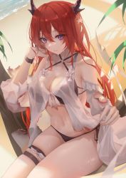 Rule 34 | 1girl, absurdres, arknights, beach, bikini, black bikini, breasts, burnt clothes, cleavage, closed mouth, demon girl, demon horns, hair between eyes, hand up, highres, horns, large breasts, long hair, looking at viewer, navel, official alternate costume, outdoors, purple eyes, red hair, side-tie bikini bottom, sitting, skindentation, solo, surtr (arknights), surtr (colorful wonderland) (arknights), swimsuit, swimsuit cover-up, thigh strap, thighs, turbulence, wet, wet hair