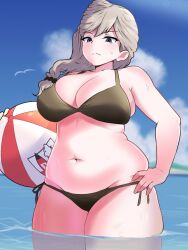 Rule 34 | 1girl, amogan, ball, beachball, bikini, blue sky, blush, breasts, cleavage, closed mouth, cloud, cloudy sky, collarbone, commission, cowboy shot, girls und panzer, grey eyes, grey hair, highres, holding, holding ball, jajka (girls und panzer), large breasts, long hair, navel, outdoors, partially submerged, pixiv commission, plump, side-tie bikini bottom, sky, solo, split mouth, sweat, swimsuit, thick thighs, thighs, water