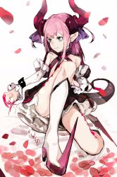 Rule 34 | 10s, 1girl, absurdres, asymmetrical horns, black dress, blue eyes, boots, closed mouth, detached sleeves, dress, elizabeth bathory (fate), elizabeth bathory (fate/extra ccc), elizabeth bathory (first ascension) (fate), fate/extra, fate/grand order, fate (series), fingernails, hair between eyes, high heel boots, high heels, highres, hiranko, horn ornament, horns, looking to the side, pink hair, pointy ears, sharp fingernails, sitting, smile, solo, spikes, tail, two side up, uneven horns, white background, white footwear