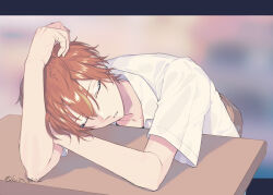 Rule 34 | 1boy, blurry, blurry background, closed eyes, commentary, earrings, highres, jewelry, male focus, multicolored hair, orange eyes, parted lips, project sekai, shinonome akito, shirt, short sleeves, sleeping, sohu, solo, streaked hair, table, twitter username, two-tone hair, white shirt, yellow eyes